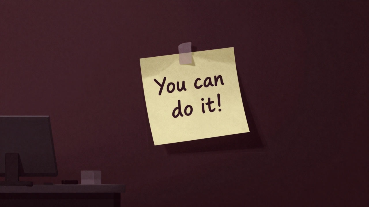 A faded note saying "You can do it!" pinned to a wall, fluttering forlornly