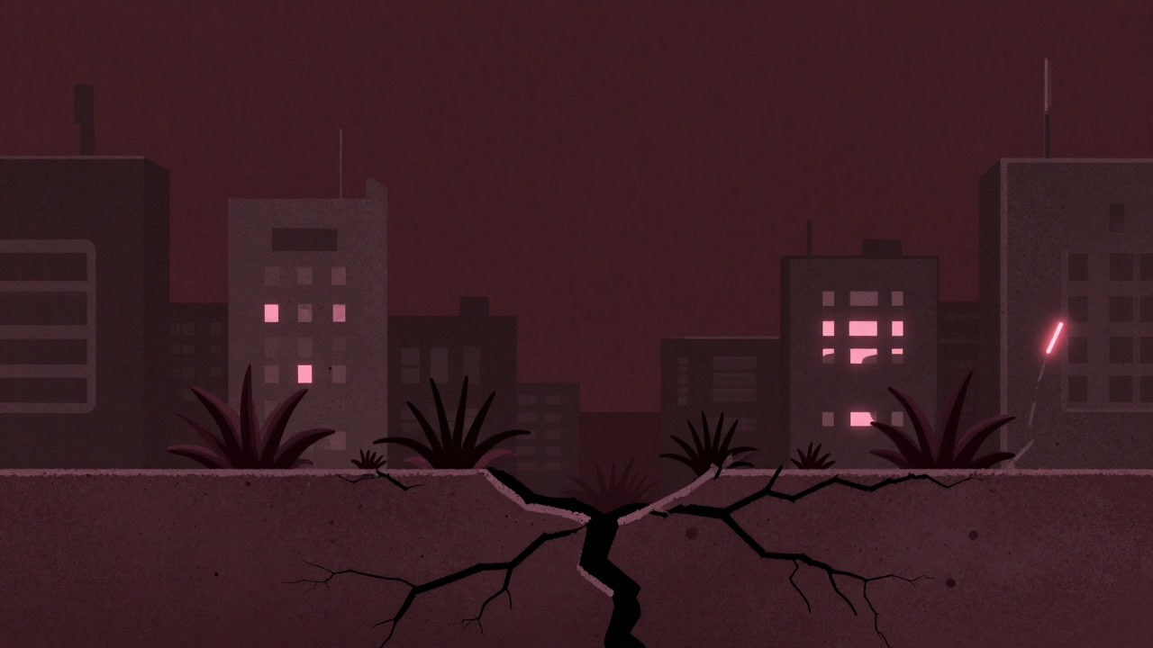 都会のコンクリートの隙間から生える雑草がレンガとネオンに囲まれて逆襲するイメージ