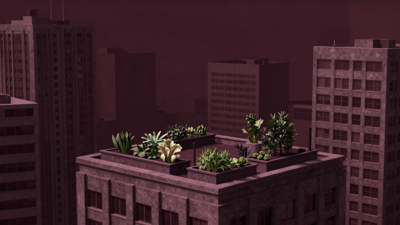 コンクリートに囲まれた屋上でわずかな野菜を育てるプランターの光景