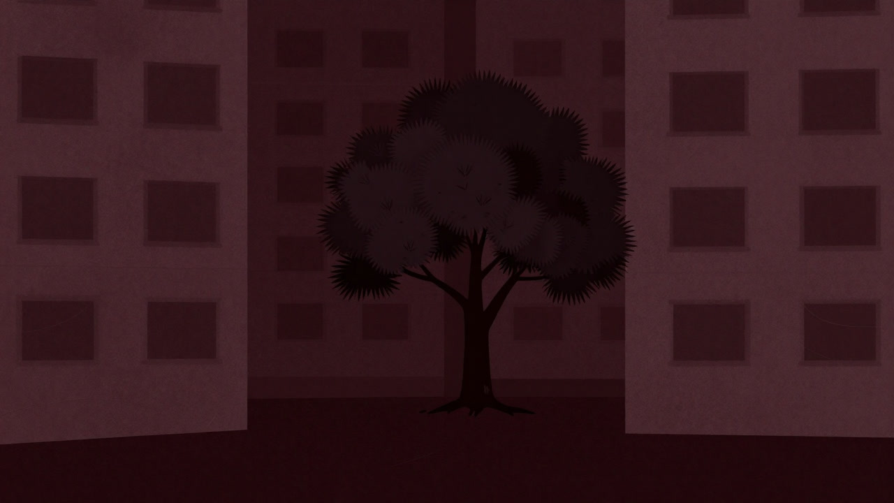 コンクリートジャングルの片隅で、無理矢理植えられた樹木が窮屈そうに佇む様子