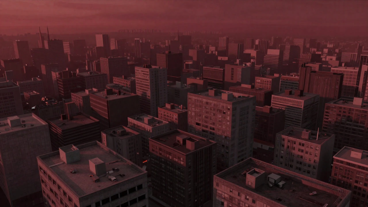 ビルの屋上から熱気を放つ都市の全景を、赤みを帯びた空の下に映し出した画像