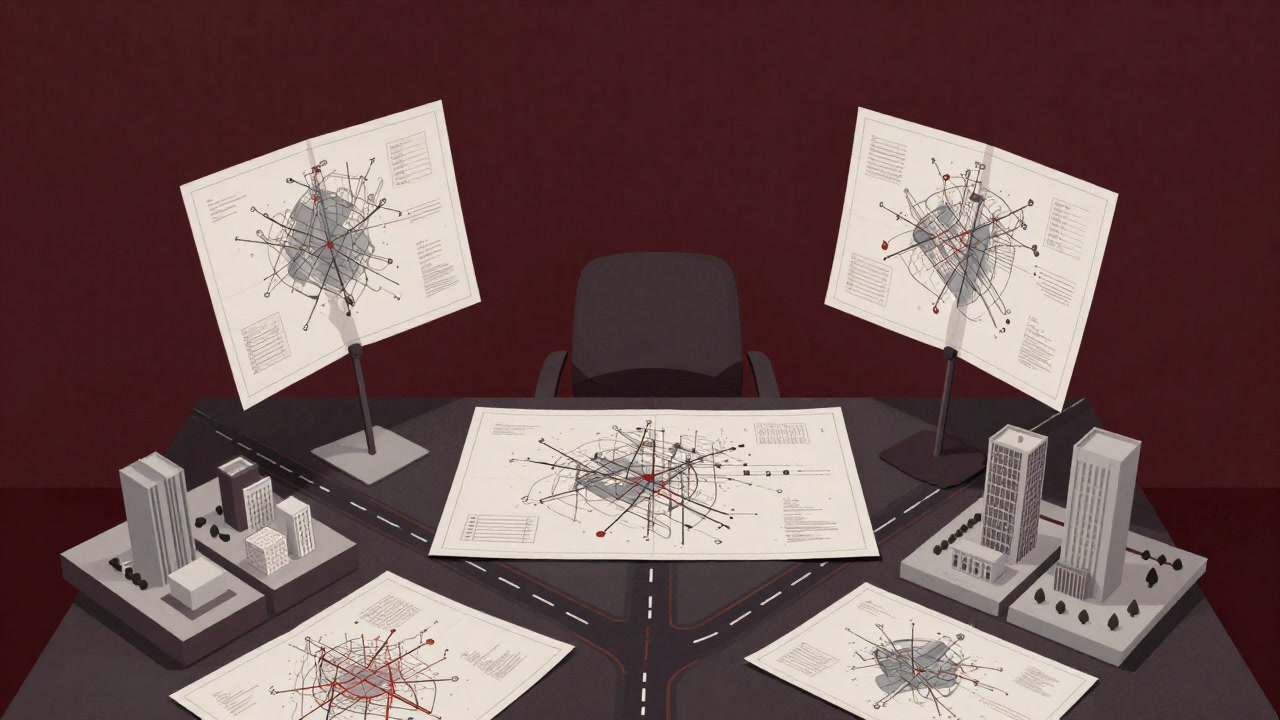 模型と青写真に囲まれた机の上で、無数の道路とビルのスケッチだけが積み重ねられ、住民の影は消えている