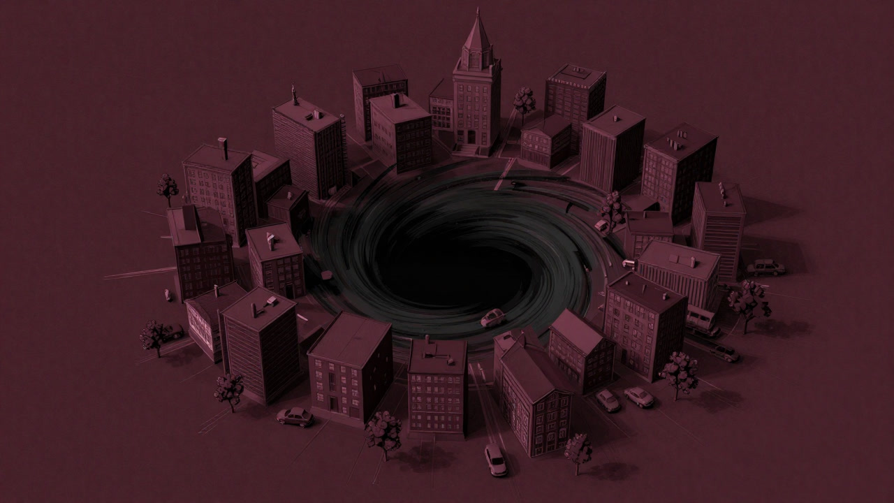 An image of a city center swirling like a black hole, devouring surrounding houses and nature.