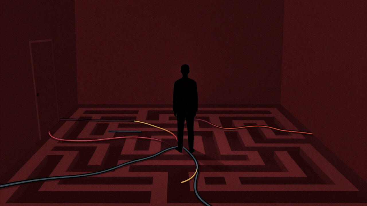 絡まり合うケーブルの迷路に囚われ、脱出を模索する人影のシルエット