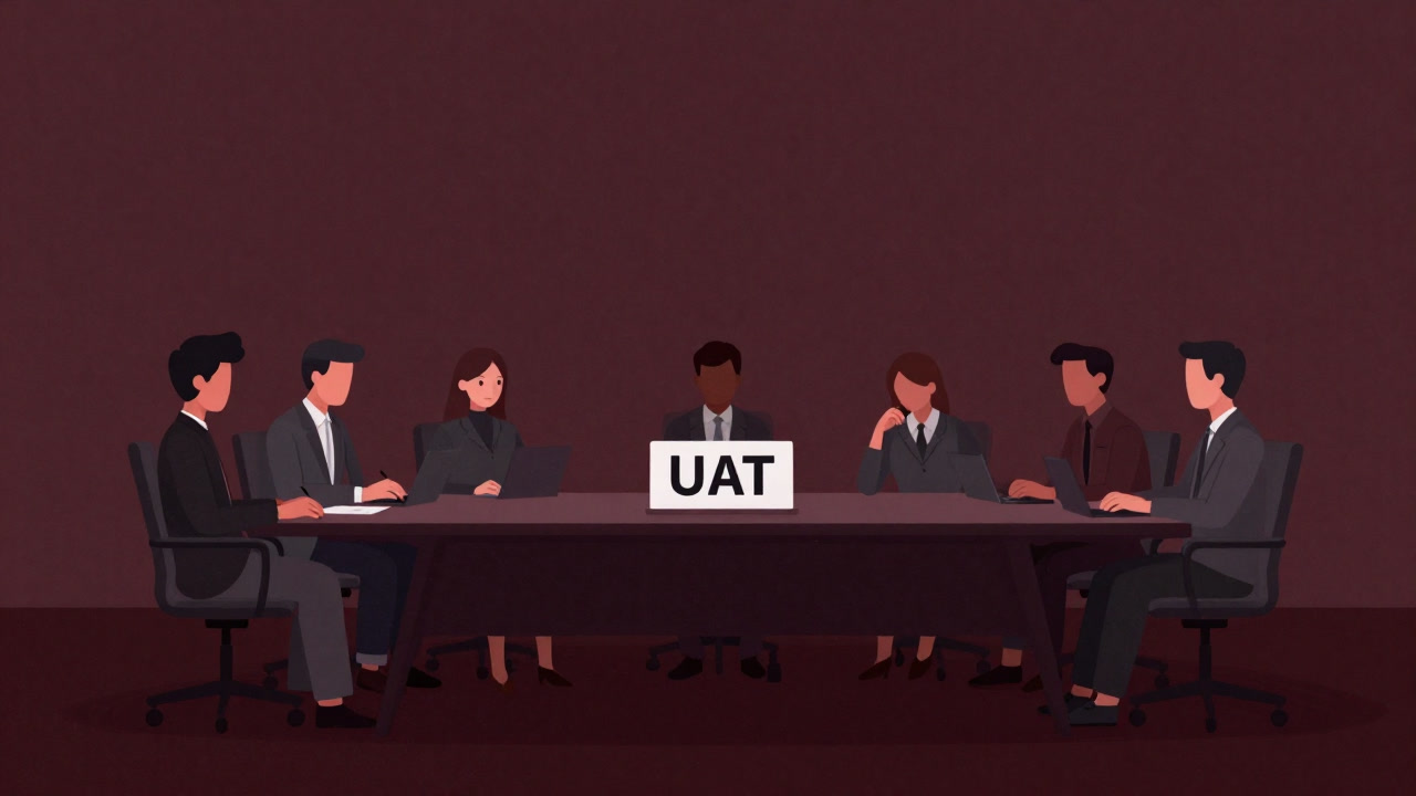 A meeting room table with a 'UAT' sign between a client and developers glaring at each other.