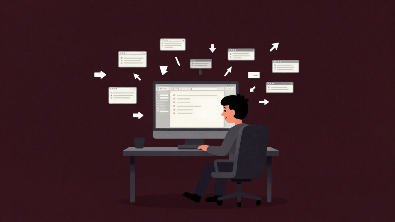 Illustration of a user sitting before a computer screen, overwhelmed by multiple open tabs and arrows