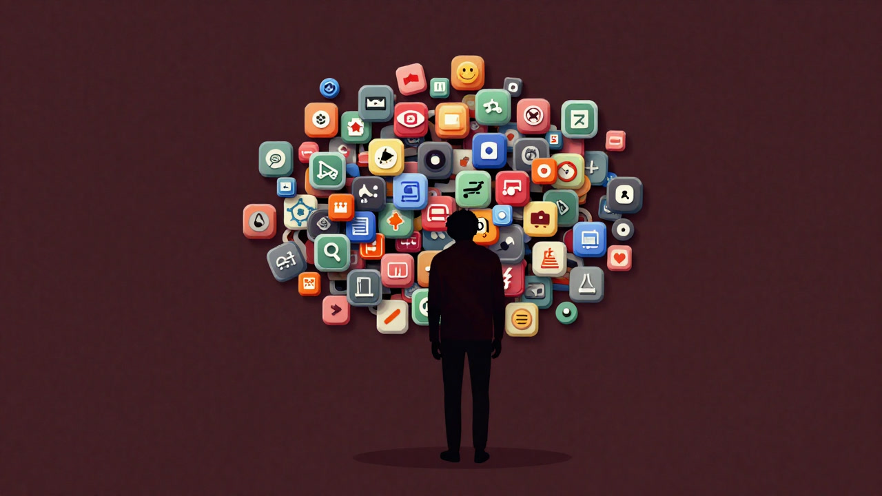 Silhouette of a user sadly gazing at a screen cluttered with colorful UI elements.