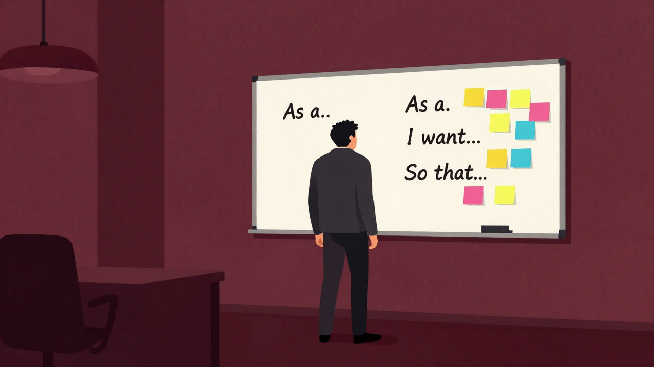 Image of a developer standing frozen in front of a whiteboard covered with colorful sticky notes reading 'As a...', 'I want...', 'So that...', representing a mountain of user stories.