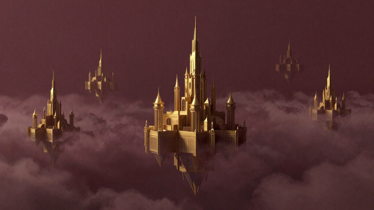 A dreamlike landscape with a golden castle floating in a vast sky, shrouded in mist