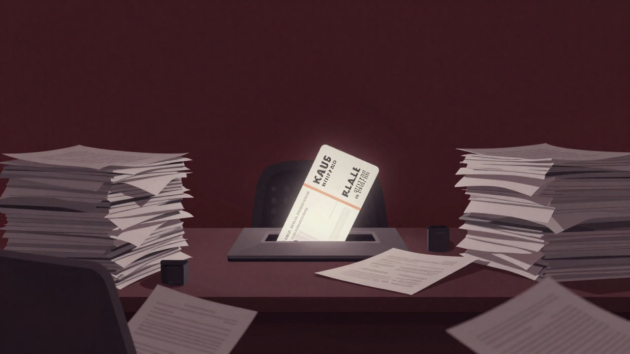 Illustration symbolizing paid leave peeking out from a mountain of documents on a desk, dreaming of liberation