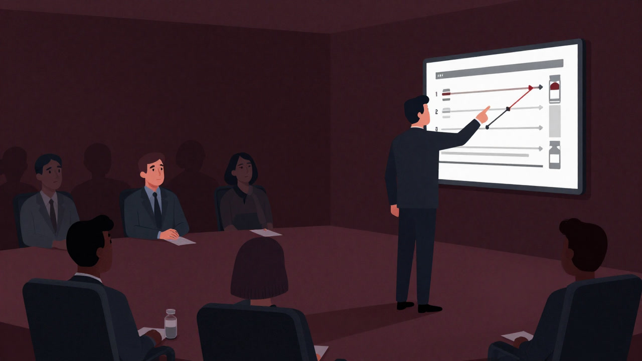 暗い会議室で供給量グラフを前に困惑する市民と得意気に指を差す政治家の影