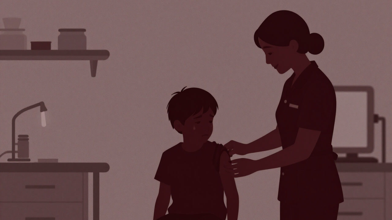 注射器を前に涙目で固まる子供と、そっと微笑むナースのシルエット