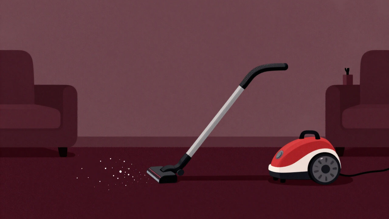 Illustration of dust particles looking aghast as they are vacuumed from a living room carpet