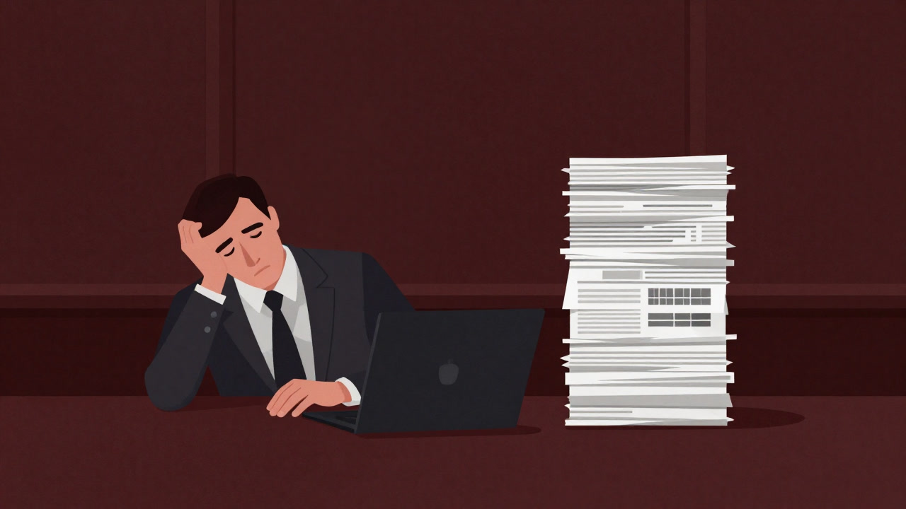 CFO seen from behind sighing at a stack of valuation reports on a conference table