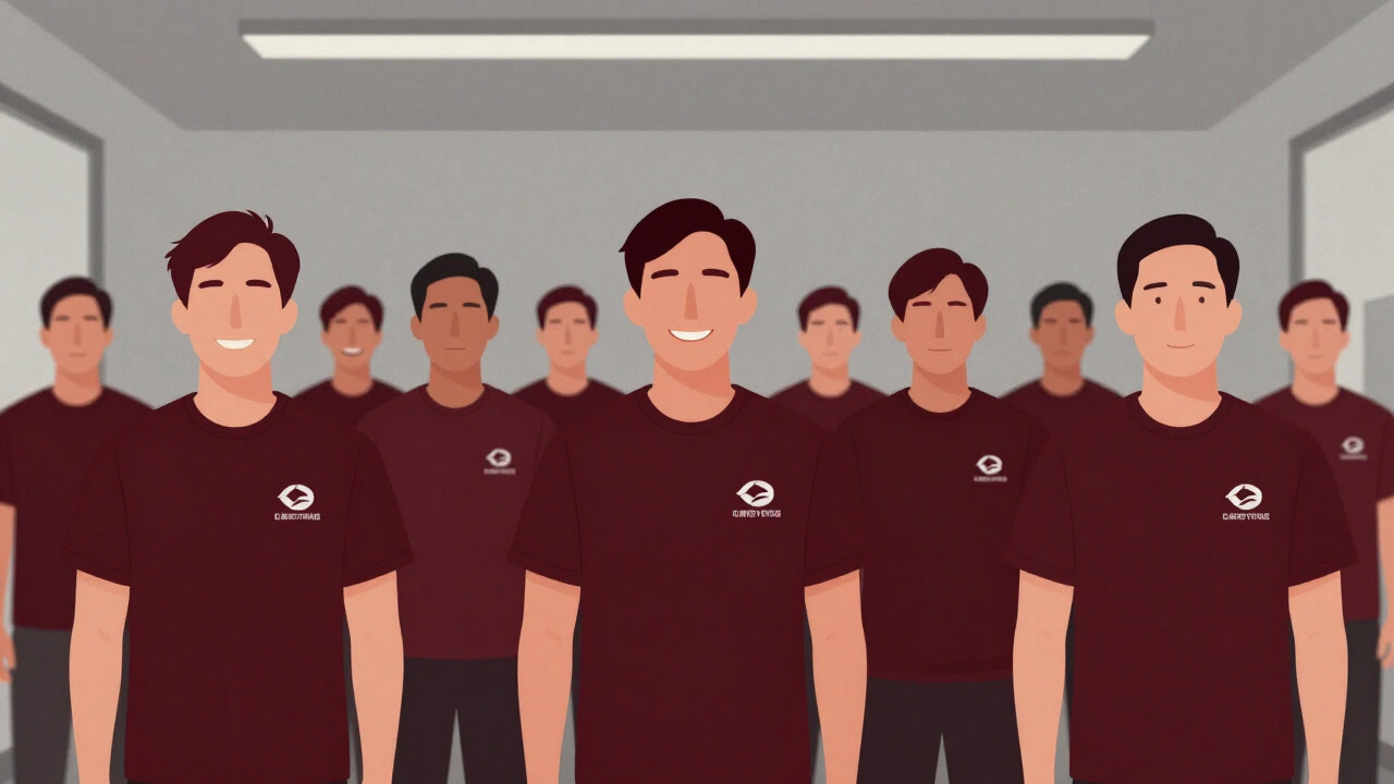 Employees in a company forced to wear identical t-shirts and smile uniformly, their faces devoid of genuine expression