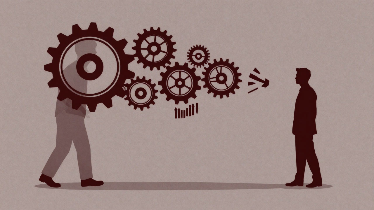 部品やデータの断片が歯車のように回転しながら顧客へと流れ出す幻影的な鎖を背に立つビジネスマンのシルエットのイラスト