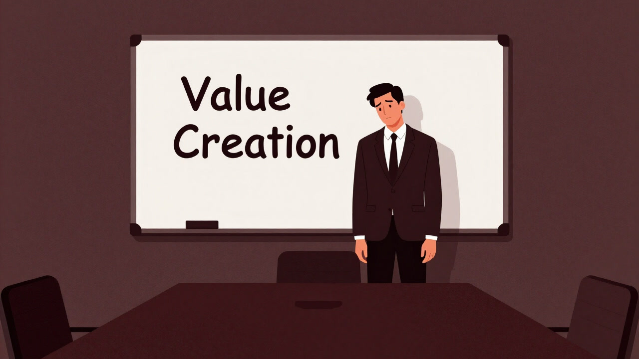 A tired businessman standing before a whiteboard inscribed with 'Value Creation' in a conference room