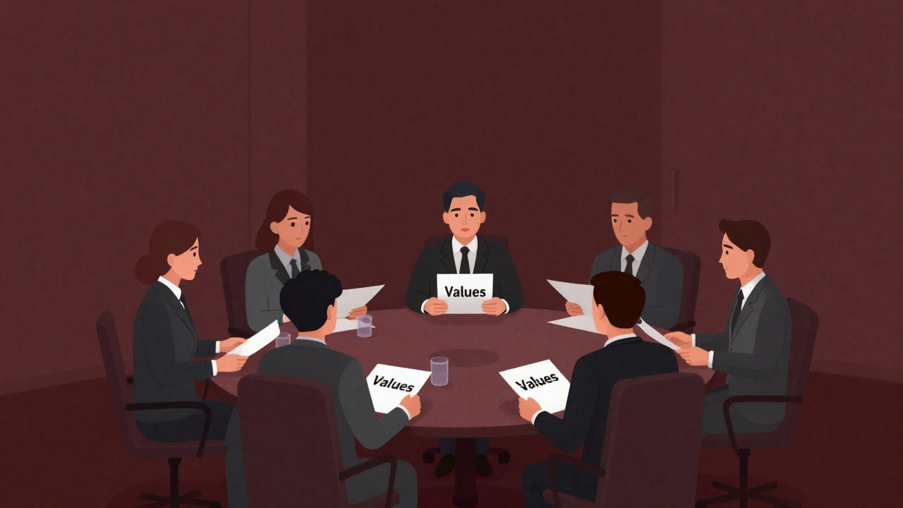 Illustration of participants around a round table exchanging value worksheets with serious expressions