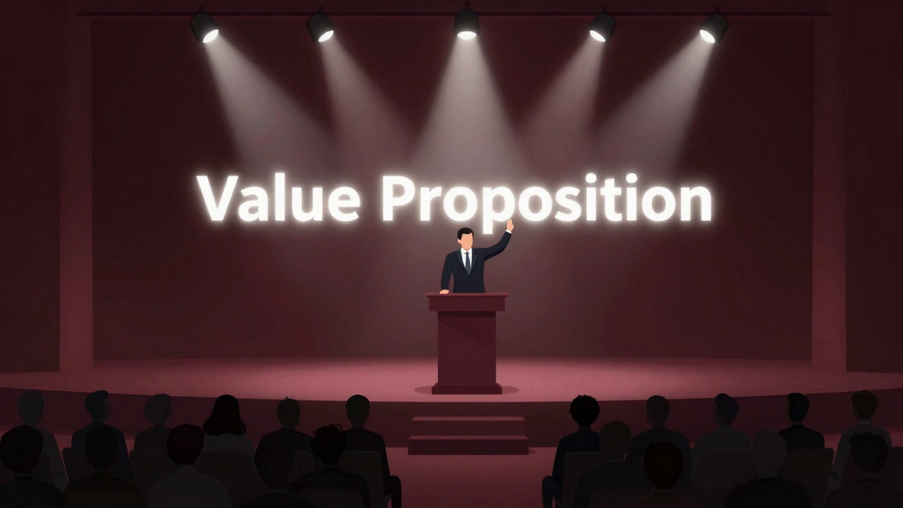 Image of a stage where a company proudly proclaims its value proposition from a grand script to the audience.