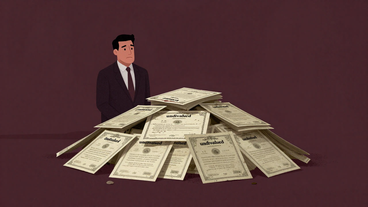 Illustration of an investor burdened by a heap of undervalued stock certificates on a dusty shelf, with a blank expression