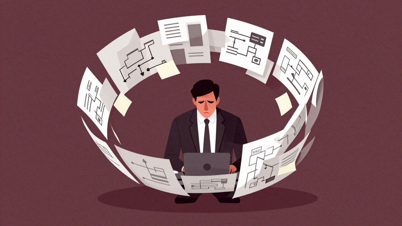 An overwhelmed employee trapped in a loop of rework, staring blankly at a flowchart