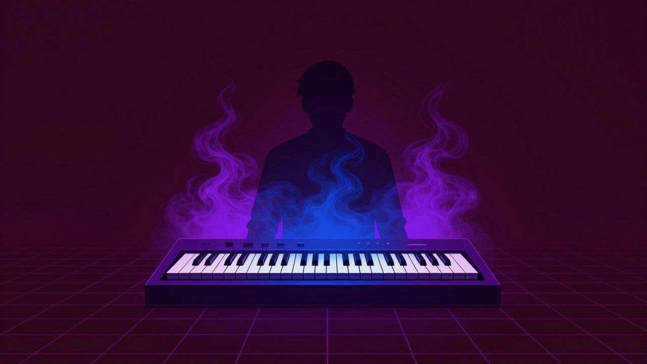 紫と青の霧に包まれたシンセサイザーのシルエット