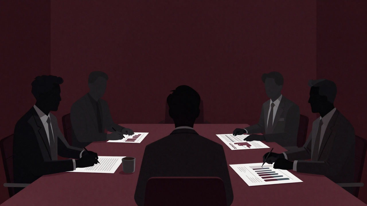会議室のテーブルにリスク評価レポートを広げ、眉をひそめる経営陣のシルエット
