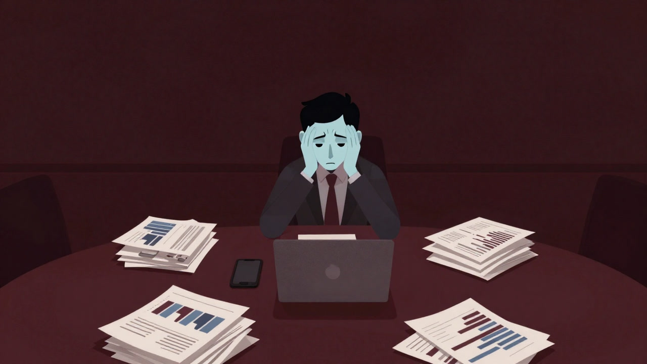Illustration of a pale businessman sitting at a conference table surrounded by piles of charts and tables.