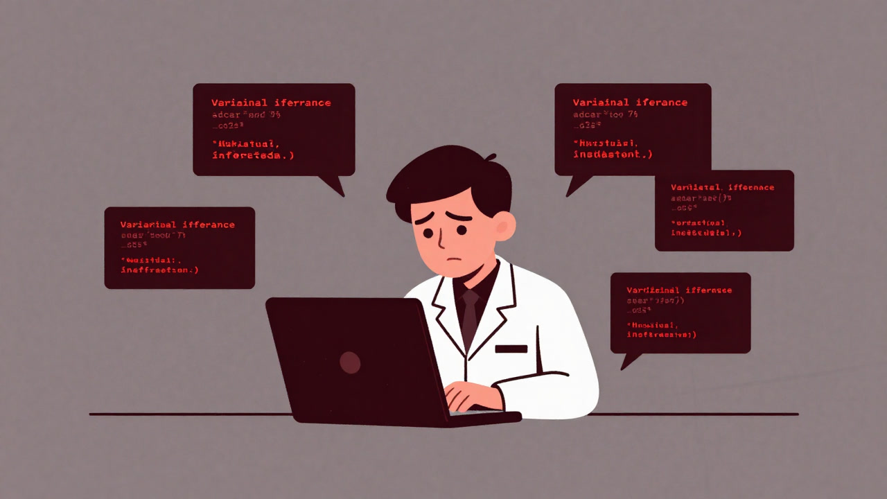 Illustration of a researcher surrounded by red error messages while implementing variational inference code, looking bewildered.