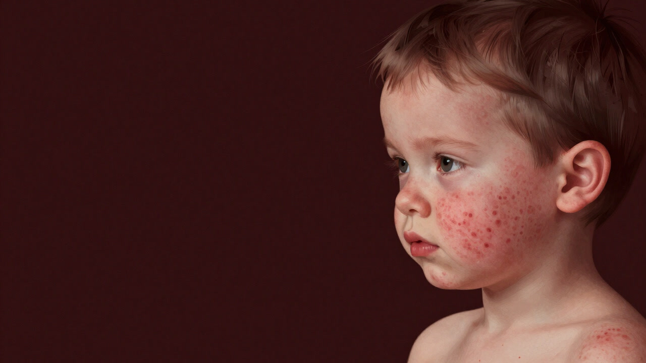 A scene of countless red rashes scattered on a child's skin like tiny droplets of paint