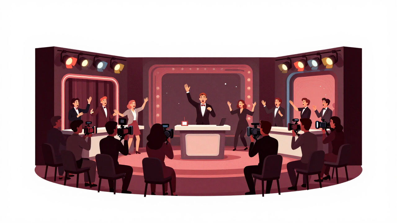 色とりどりのセットと笑顔を作る出演者たちが、カメラの向こう側で演技をしている様子