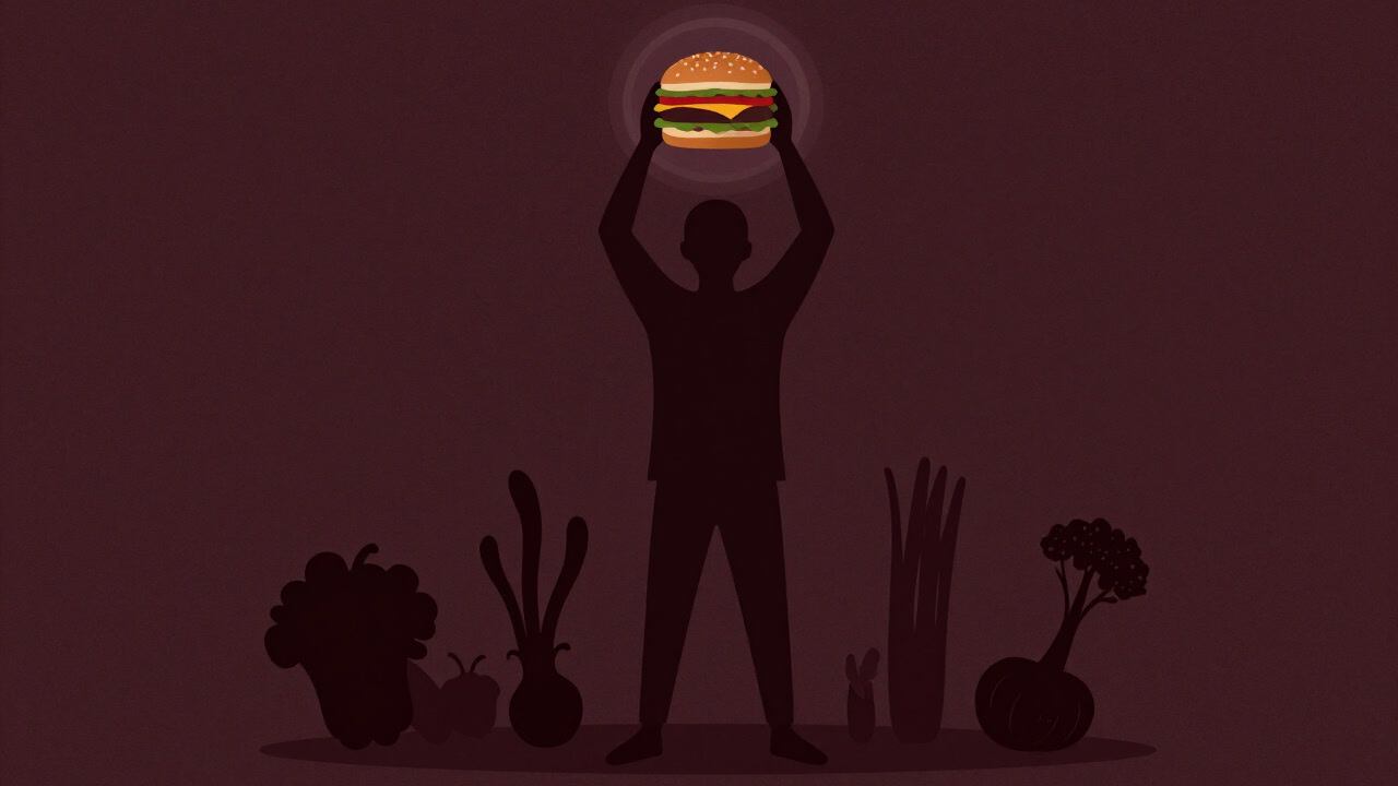 プラントベースバーガーを誇らしげに掲げるヴィーガンの影絵