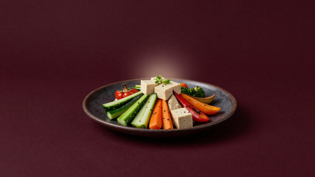 色とりどりの野菜と豆腐が盛られた皿の上で、か細い光が揺れるヴィーガン料理のイラスト