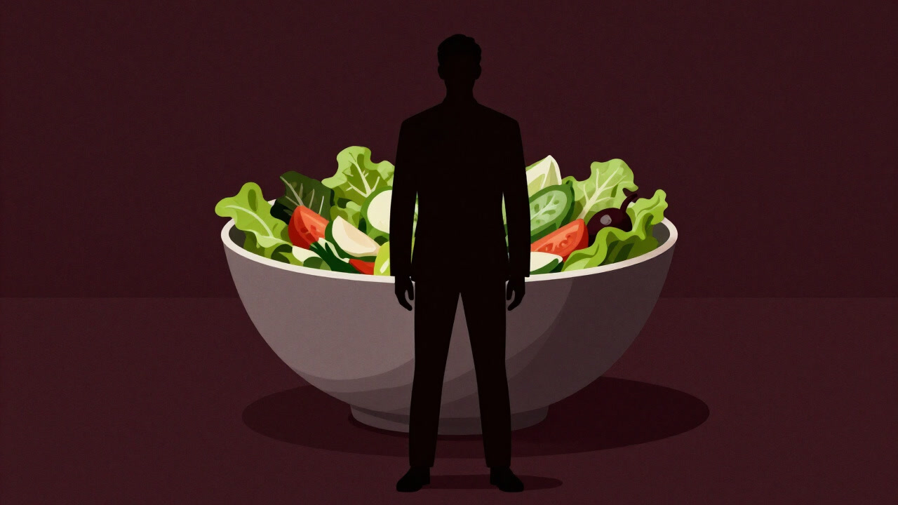 野菜だけを食べるという誓いを盾に、サラダボウルの前に凛と立つベジタリアンのシルエット