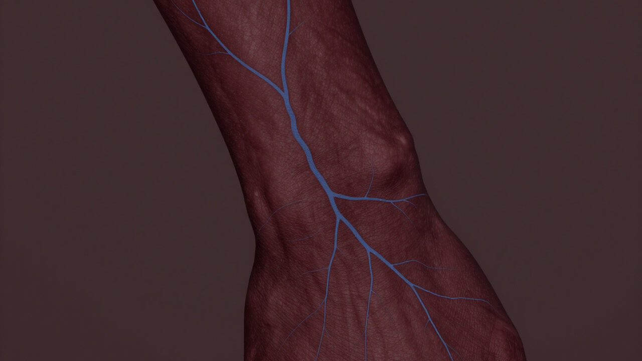 Close-up photo of a forearm veins network appearing bluish against the skin