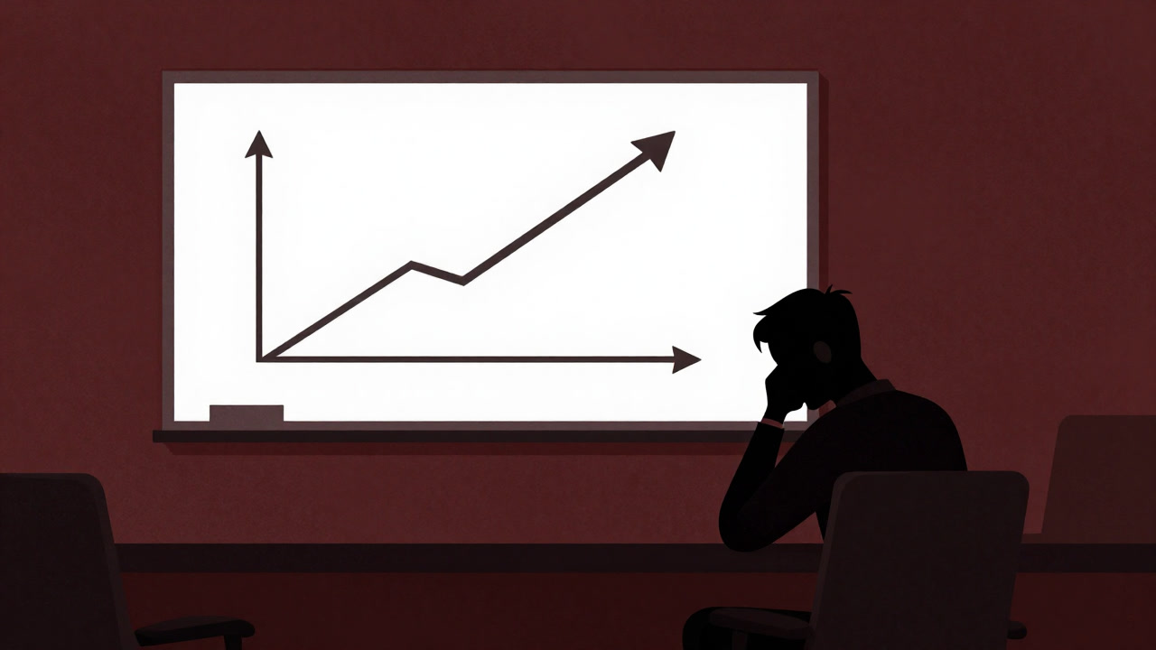 社内ホワイトボードに描かれた上昇矢印とベロシティグラフを見つめる疲れ切った社員のシルエット