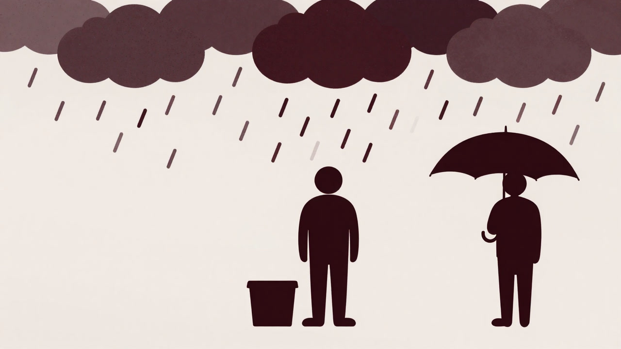 見積書の雨の中で傘も持たず立ち尽くす顧客と余裕の笑みを浮かべるベンダー