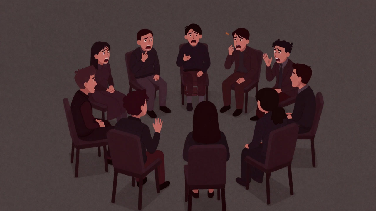 円形の椅子に座り、互いに翳した手で吐き出し合う人々のイラスト