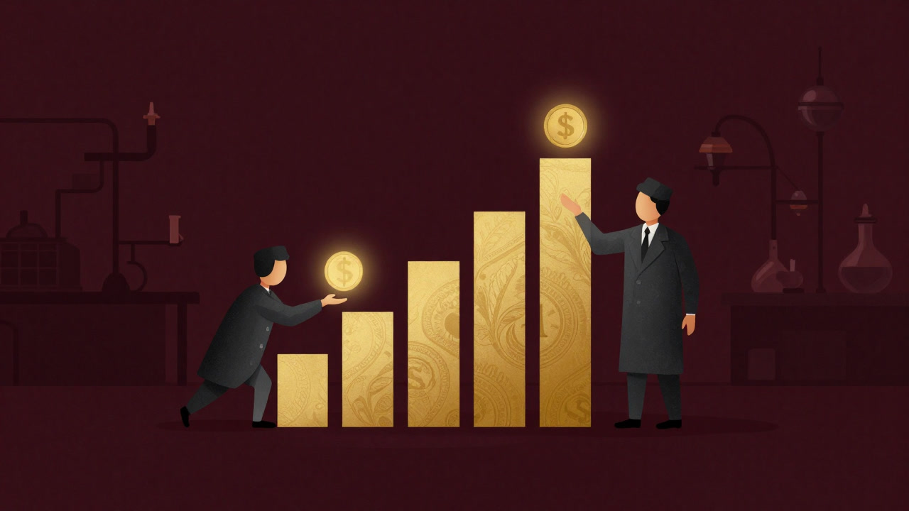 起業家の夢を金貨に換え、暗闘を繰り広げるベンチャーキャピタルの象徴的な金色の縦棒グラフのイラスト