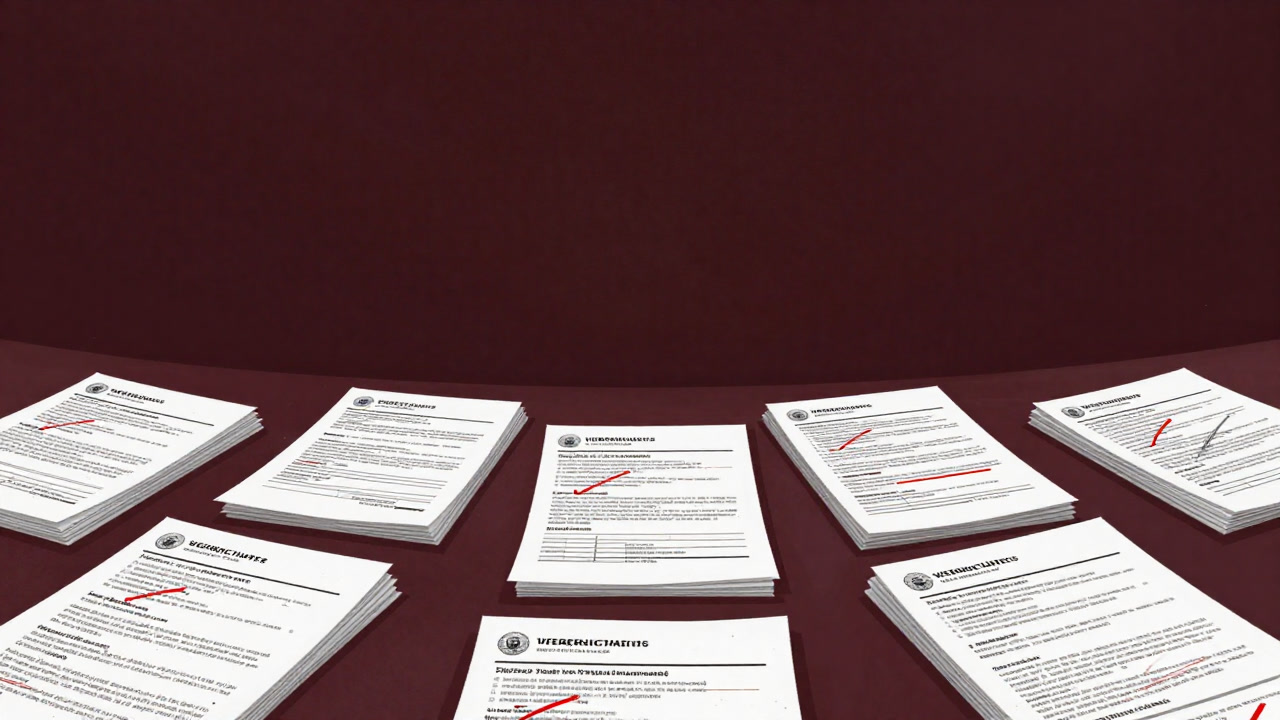 Illustration of a pile of verification reports covered in red correction marks at every margin.