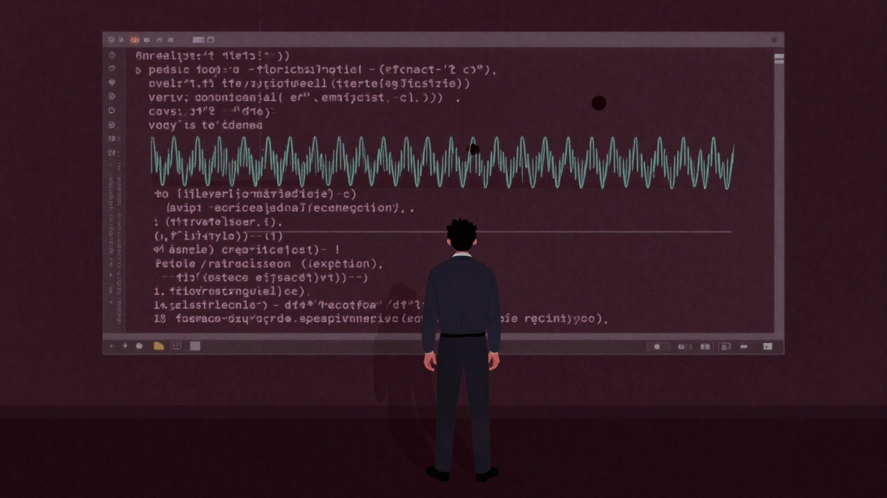 波形とコードが壁一面に投影され、設計者が立ち尽くす様子
