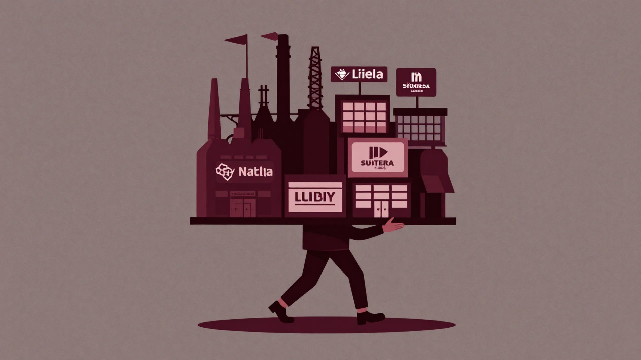 Satirical illustration of a giant corporate puppet carrying factories and retail stores on its back.