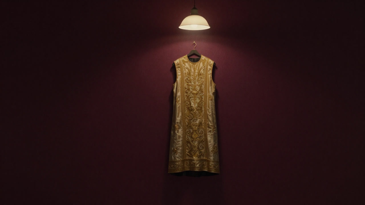 An eerie view of golden embroidery glowing in the dim vestry interior.