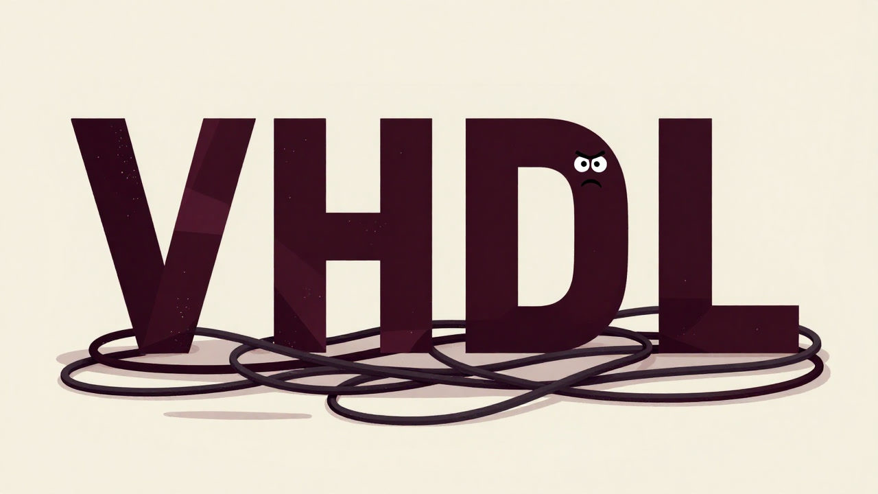 Illustration of the letters VHDL caught in a tangle of cables with a bewildered expression