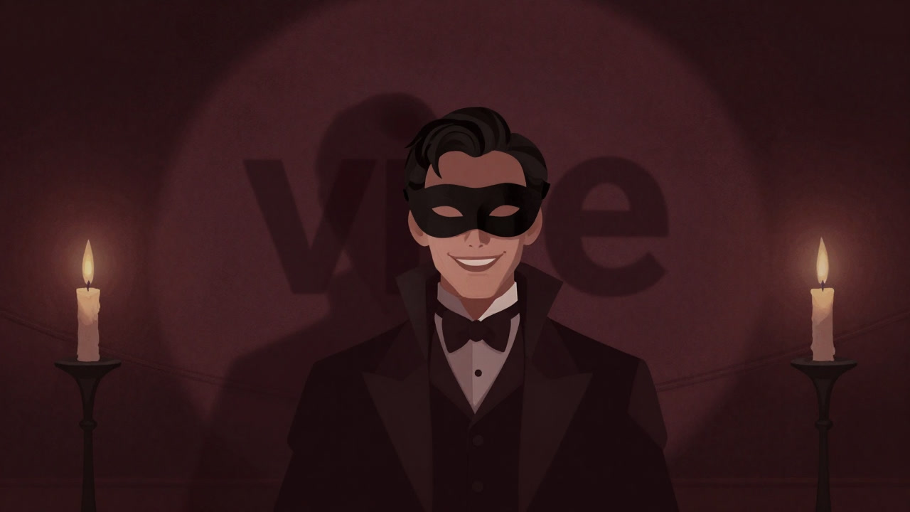 A masked gentleman smiling under candlelight in a dark chamber, with the word 'vice' flickering as a shadow behind him.