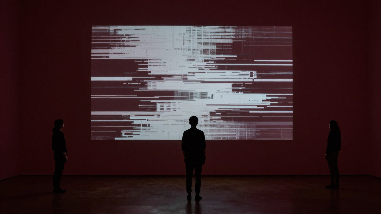 Silhouettes of viewers gazing at mysterious video art projections on a dark gallery wall