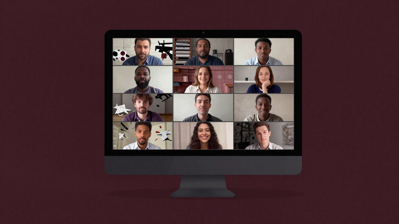 Screenshot of an online video call showing someone expressionlessly sitting in front of a computer, with a messy room visible behind them