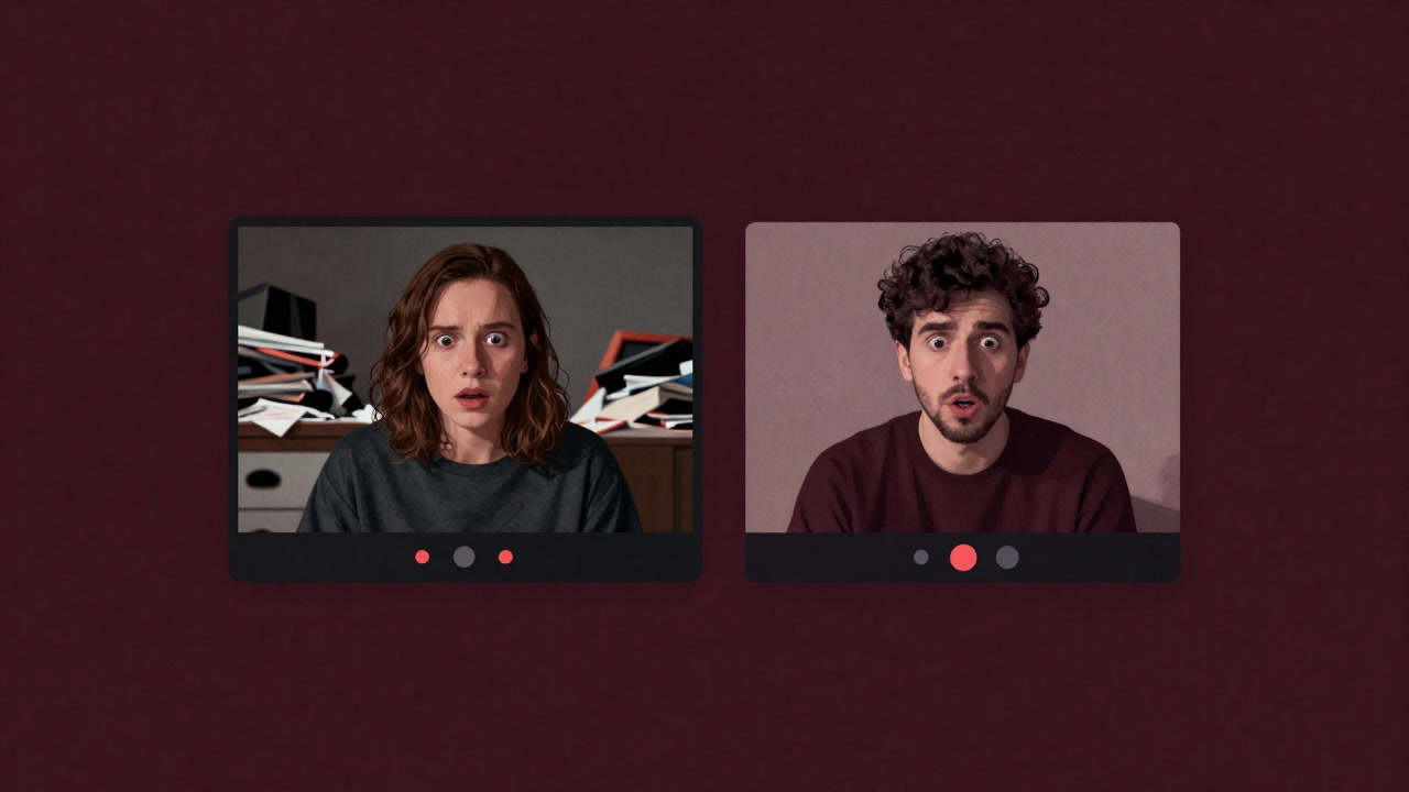 Illustration of two people staring at each others faces via video call, their messy home backgrounds visible