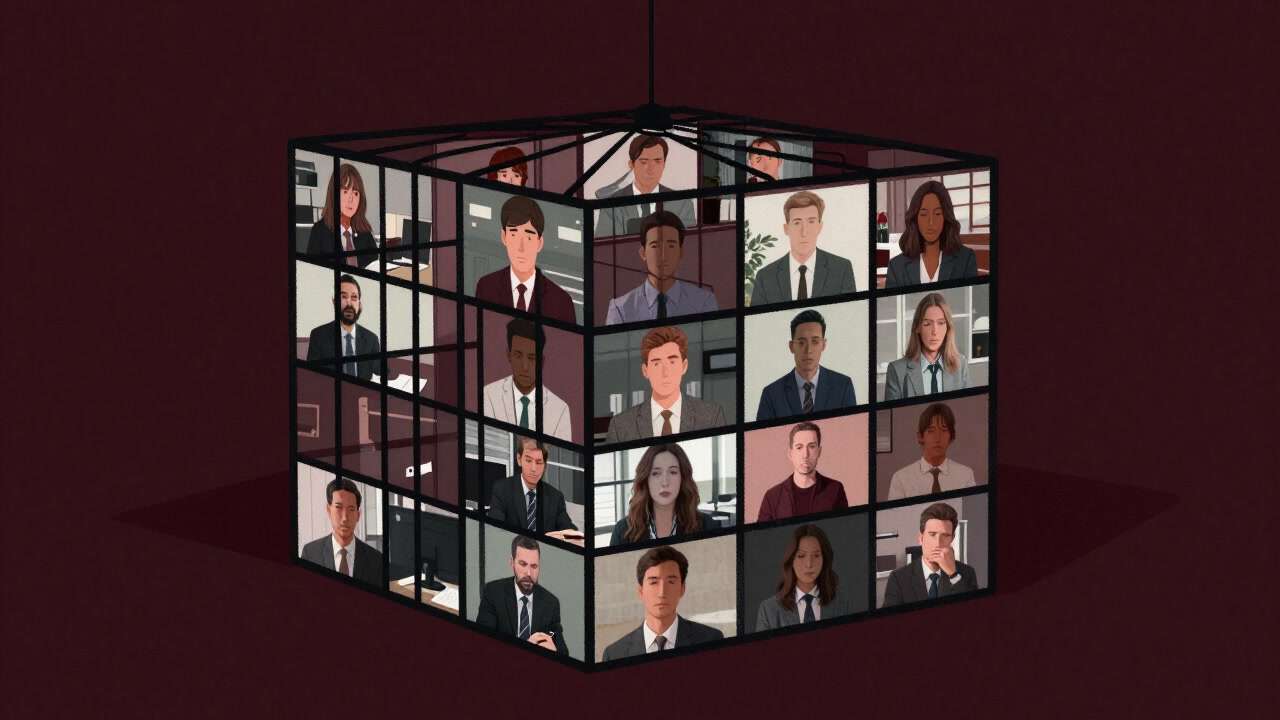 カメラとマイクに捕らわれた参加者のシルエットが、退屈そうに画面を見つめるイラスト