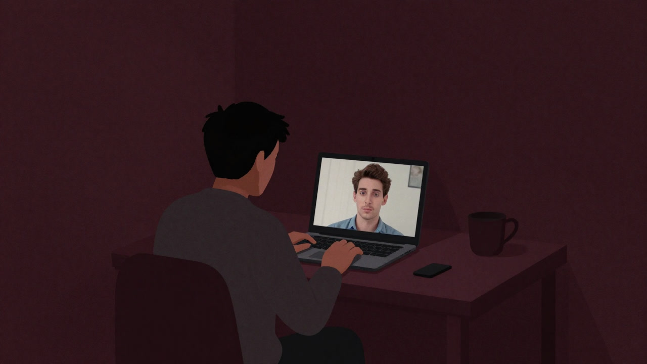 Illustration of two people staring at each other through a computer screen in a small room, dominated by silent moments during a video date